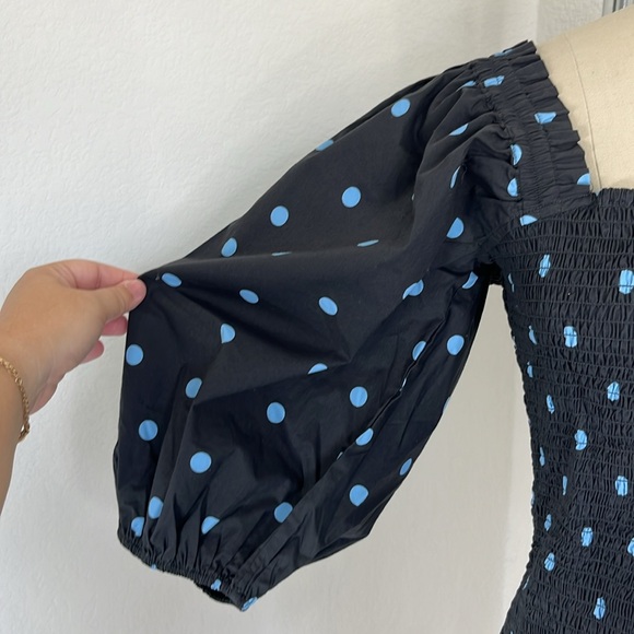 Ganni Shirred Smocked Ruffle Trimmed Polka Dot Cotton Poplin Top - Picture 3 of 9